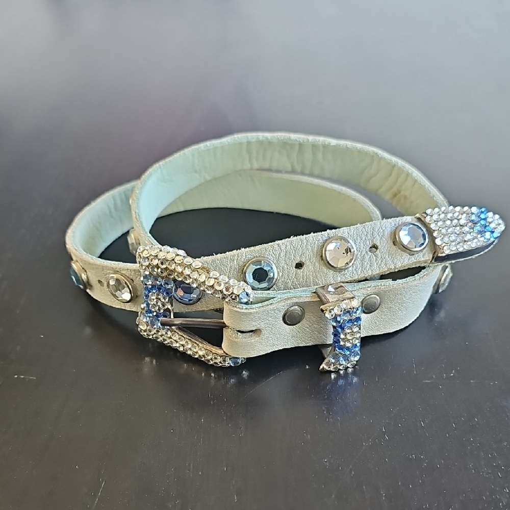 Michael Morris Elegant Crystal-Embellished Leather Belt Blue